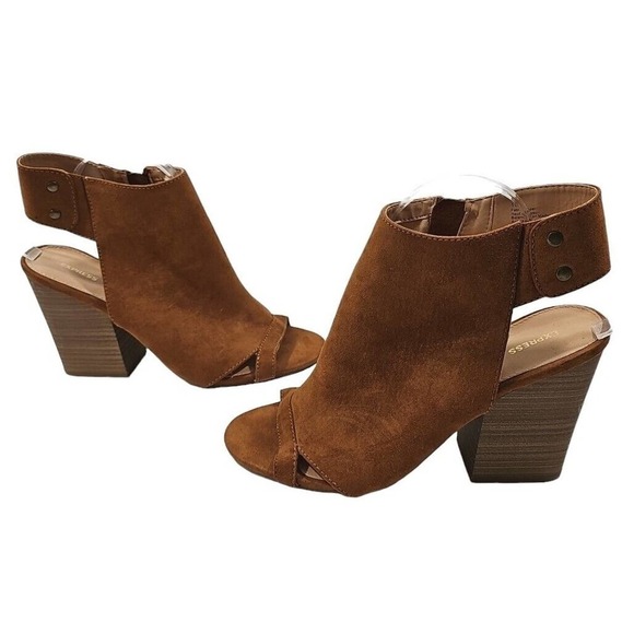 ExPress~Woman Size 10~Brown Ankle Boots Booties Block Heels Open Toe Zipper NWOT - Picture 1 of 12